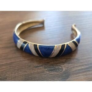 Vintage 1980s Orena Paris Cuff Bracelet Gold Tone W/Blue/Navy/Cream Enamel